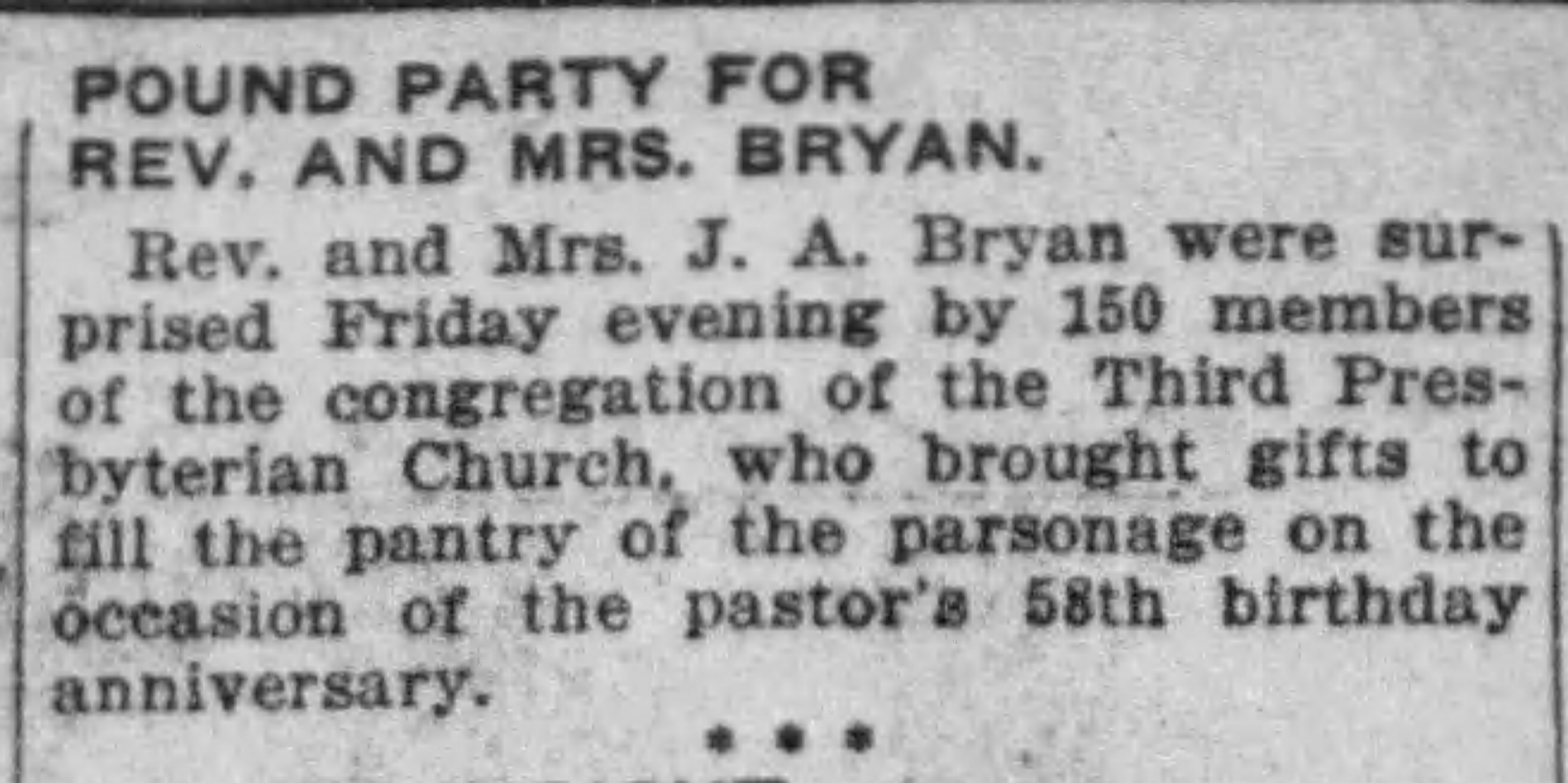 Pound Party for Rev. and Mrs. Bryan